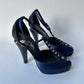 CHANEL NAVY SATIN CRYSTAL EMBELLISHED T-STRAP PLATFORM PUMPS SIZE 37