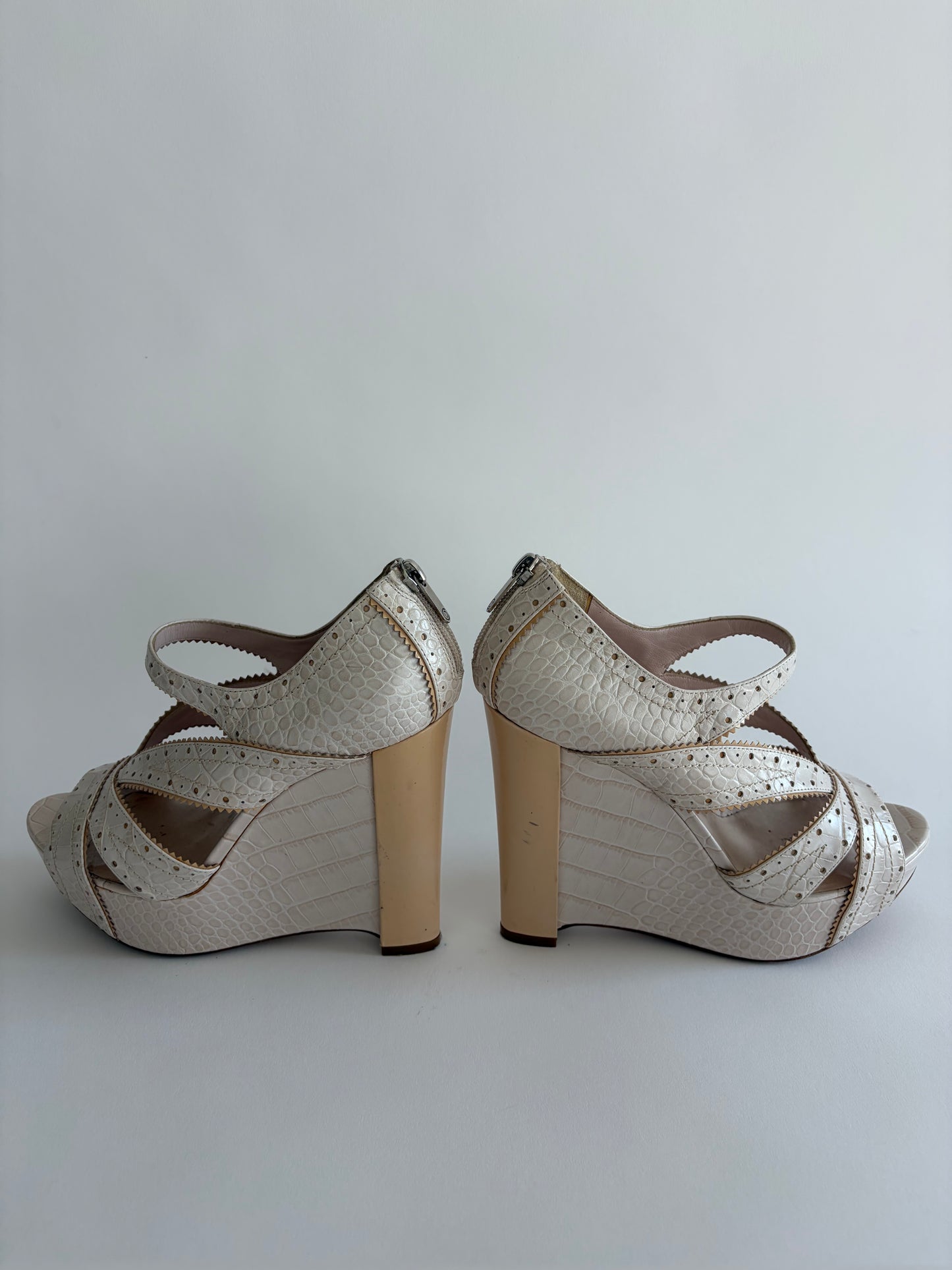 CHRISTIAN DIOR 2000S WHITE STAMPED CROC BONNIE WEDGE SANDALS