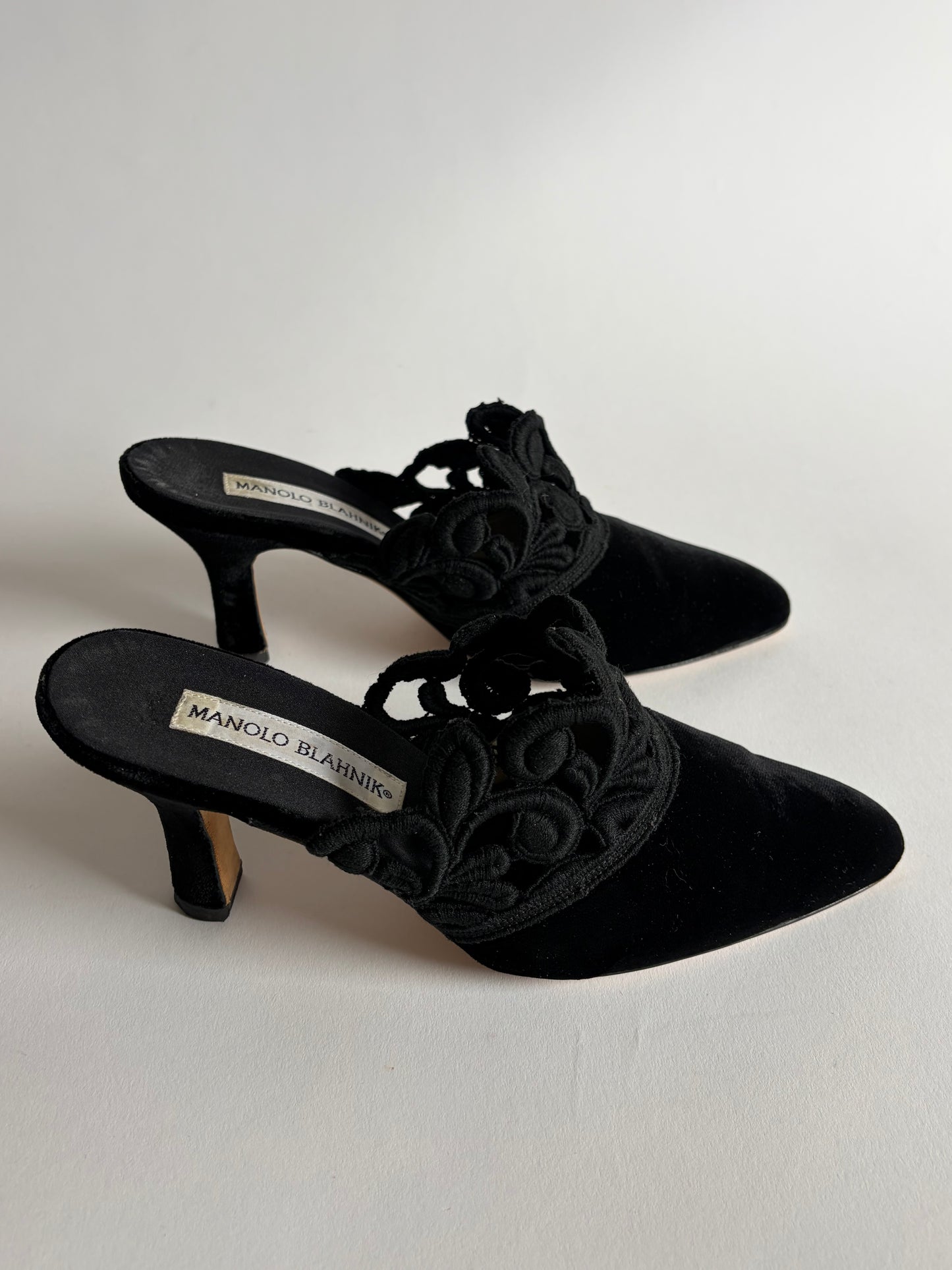 MANOLO BLAHNIK VELOUR AND LACE MULES