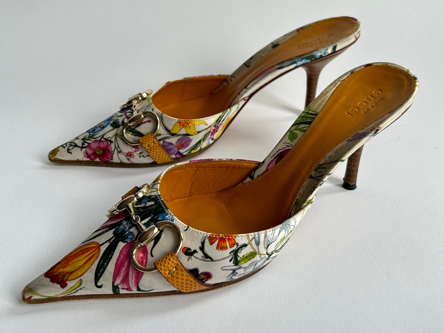 GUCCI FLORA HORSEBIT 1955 90'S ICONIC KITTEN MULES BOTANICAL PRINT SIZE 8B