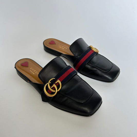 GUCCI MARMONT GG WEB BLACK LEATHER SLIPPERS LOAFERS SIZE 37