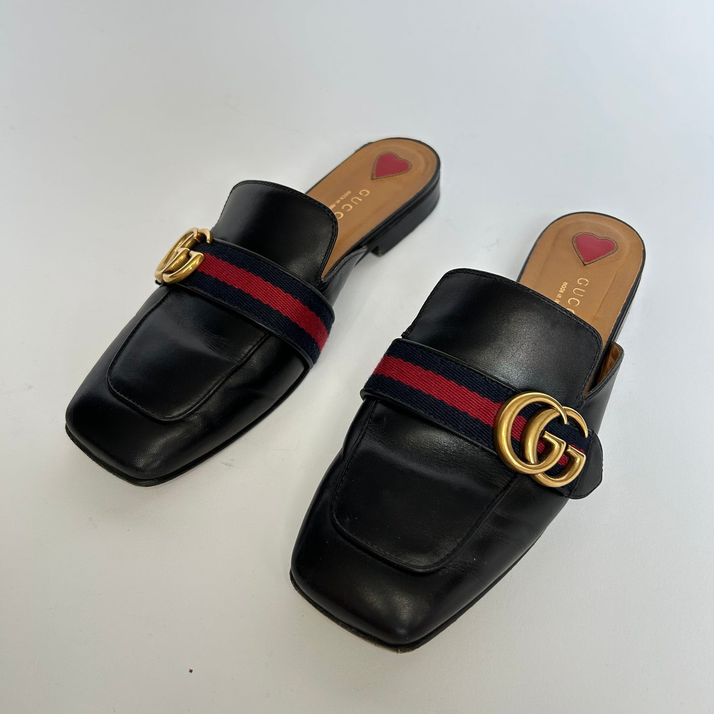 GUCCI MARMONT GG WEB BLACK LEATHER SLIPPERS LOAFERS SIZE 37