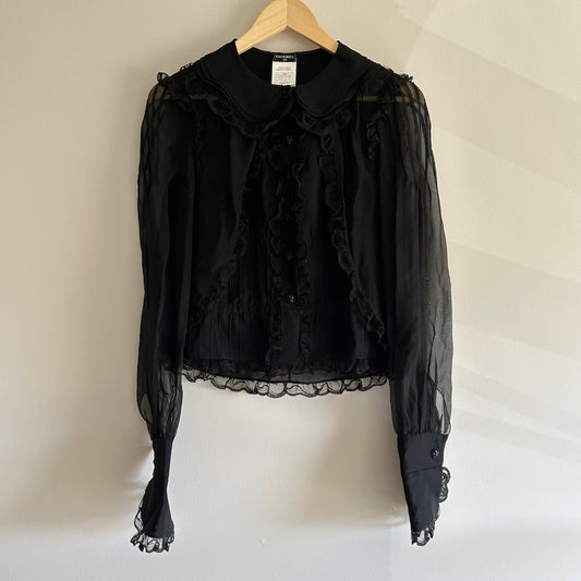 CHANEL BLACK SILK RUFFLE BLOUSE