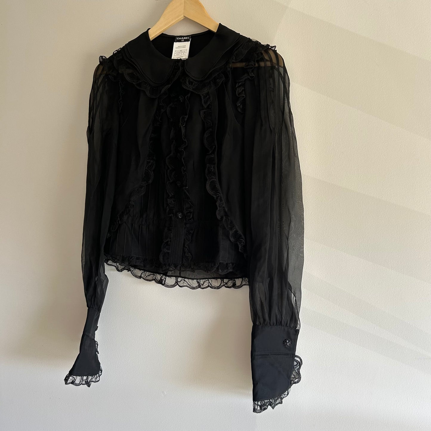 CHANEL BLACK SILK RUFFLE BLOUSE