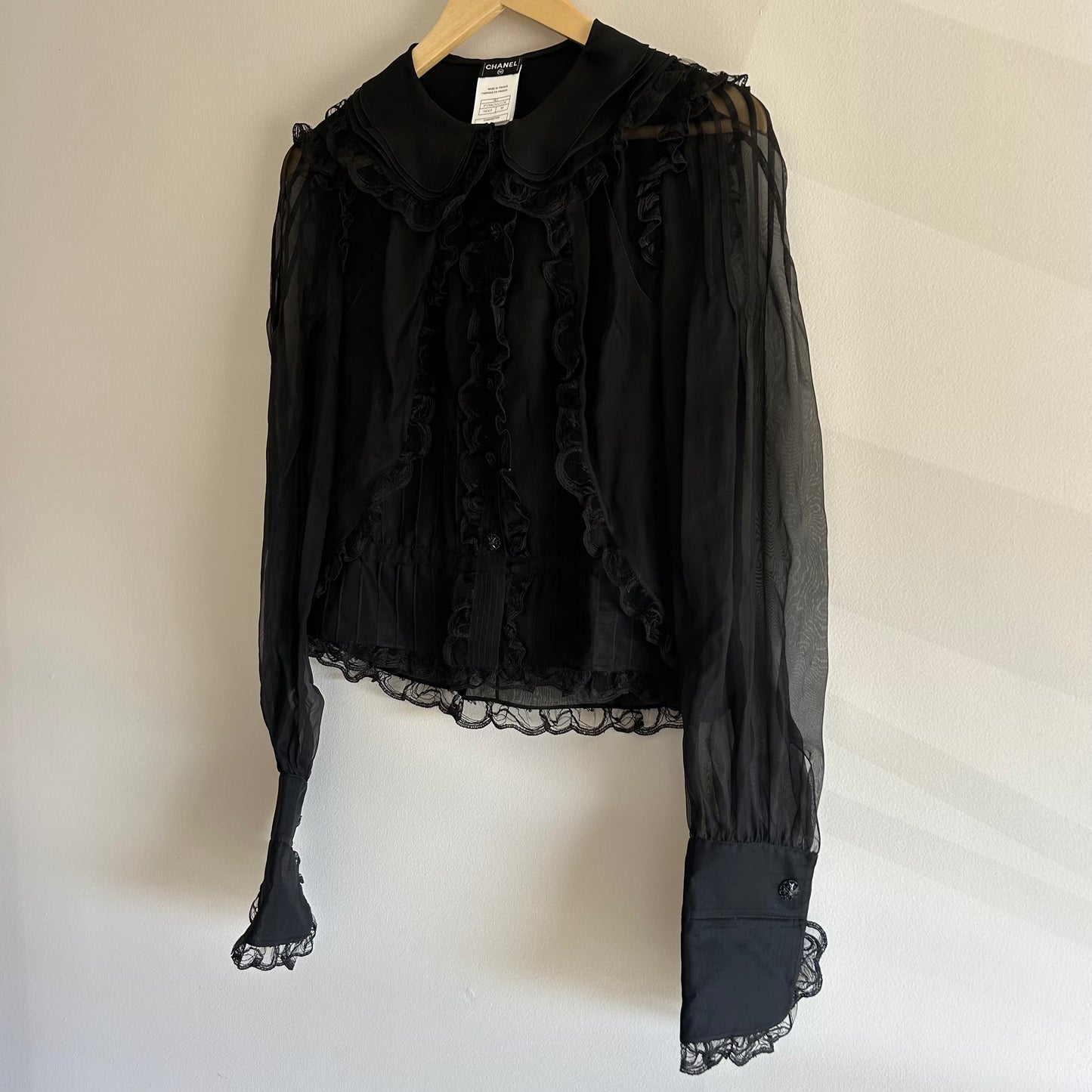 CHANEL BLACK SILK RUFFLE BLOUSE