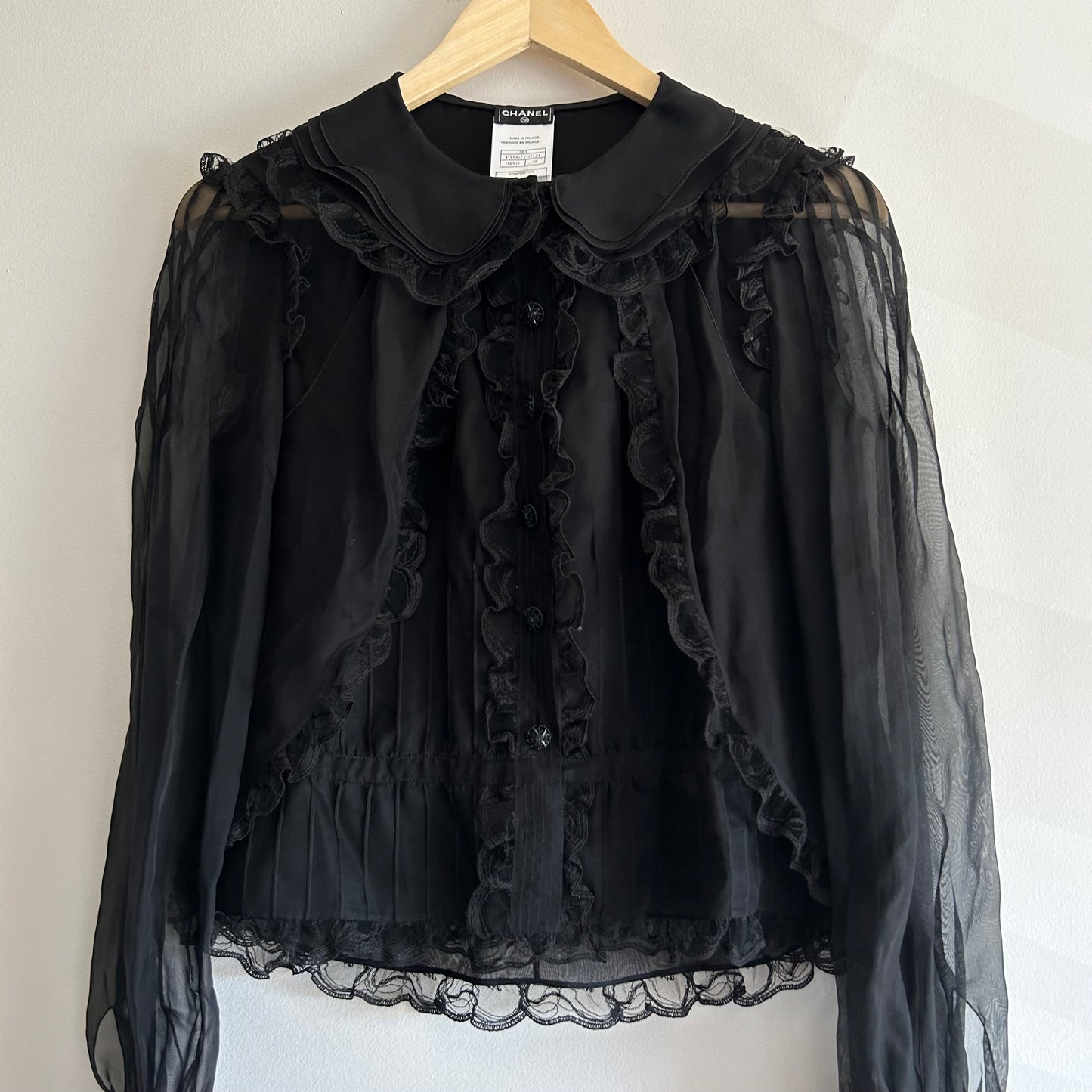 CHANEL BLACK SILK RUFFLE BLOUSE