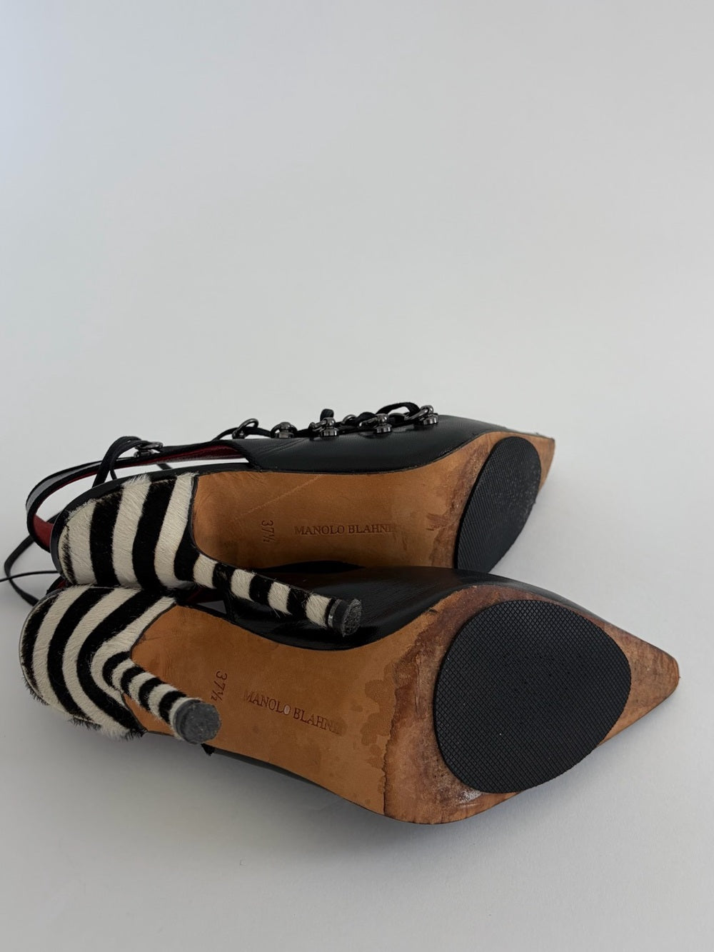 Rare Vintage Manolo Blahnik Zebra heel Eyelet Black Leather Boots