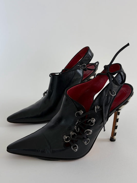 Rare Vintage Manolo Blahnik Zebra heel Eyelet Black Leather Boots