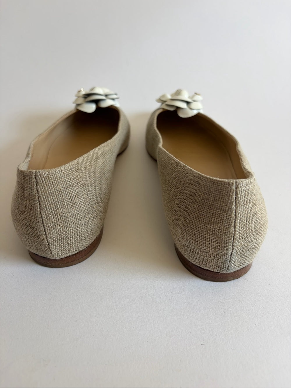 CHANEL TWEED BEIGE CAMELLIA POINTED TOE FLATS