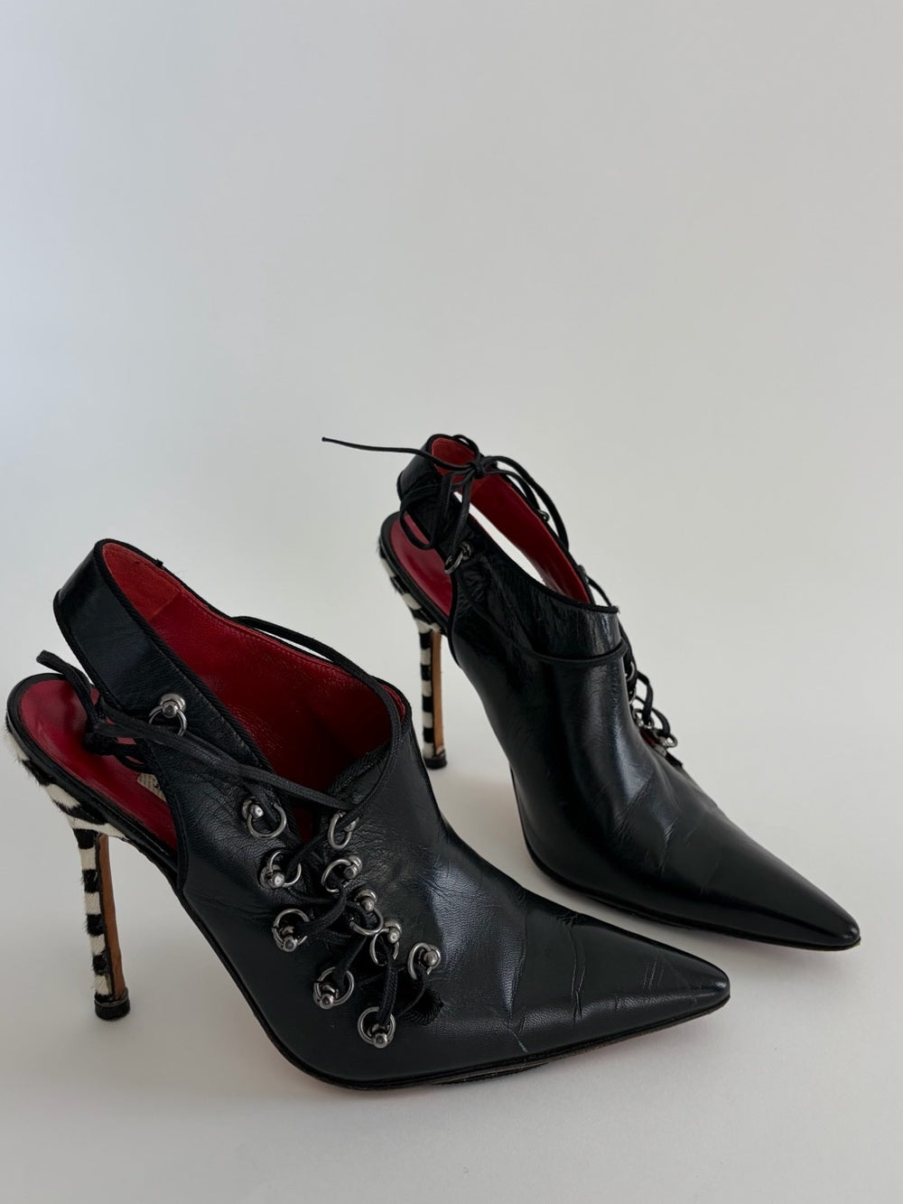 Rare Vintage Manolo Blahnik Zebra heel Eyelet Black Leather Boots