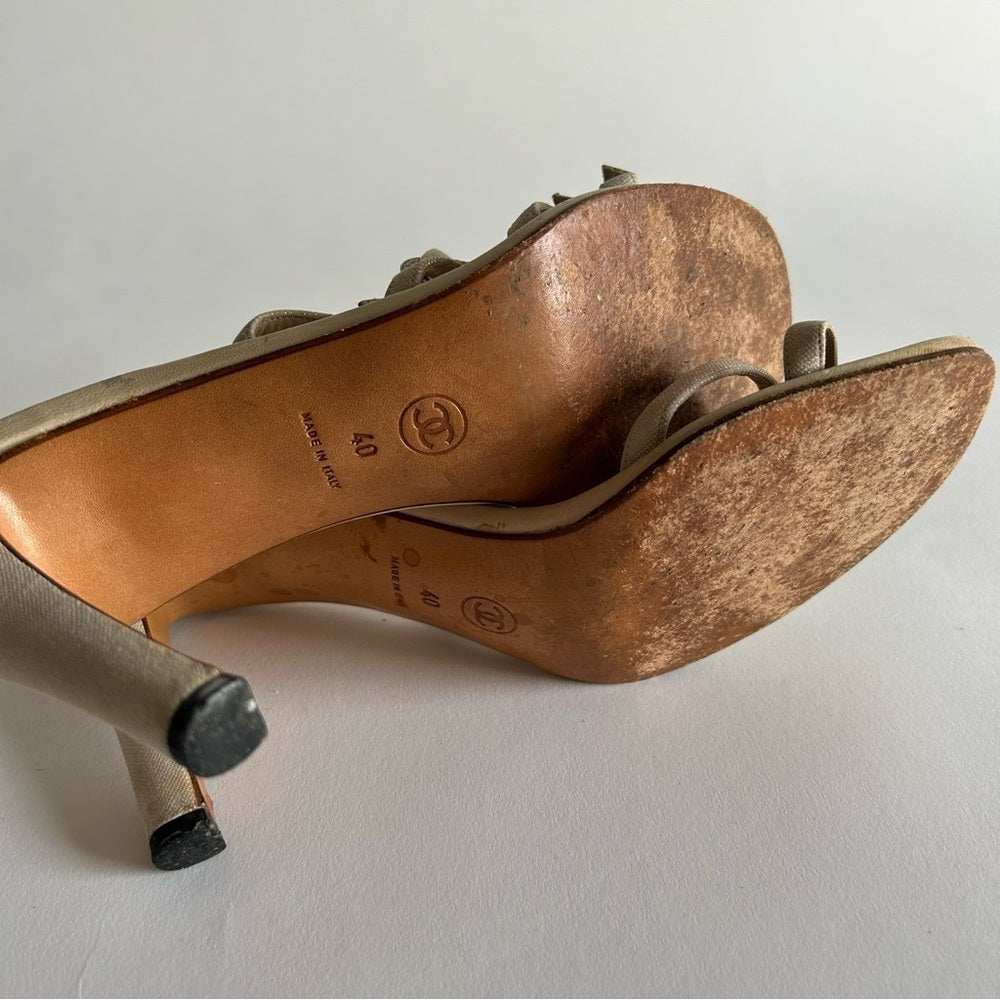 Rare Chanel Iconic "CC" Rhinestone Metallic Leather Sandal Heels size 40