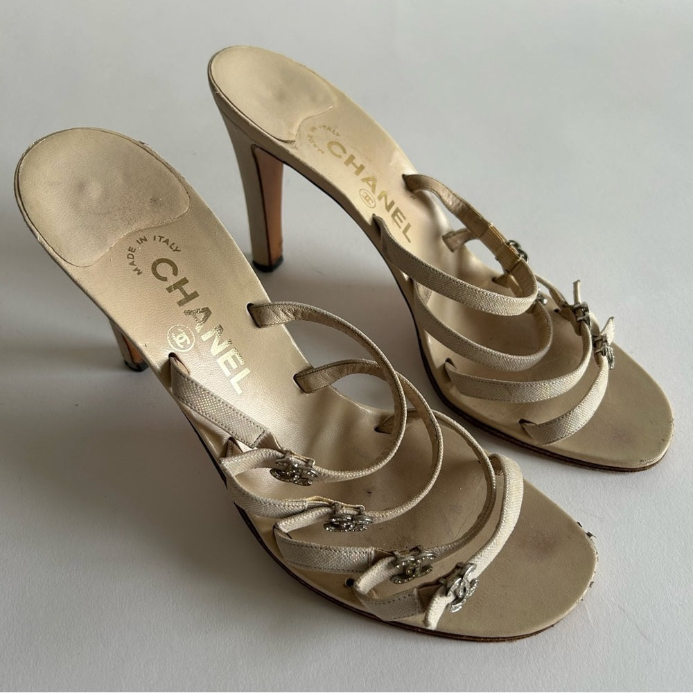 Rare Chanel Iconic "CC" Rhinestone Metallic Leather Sandal Heels size 40