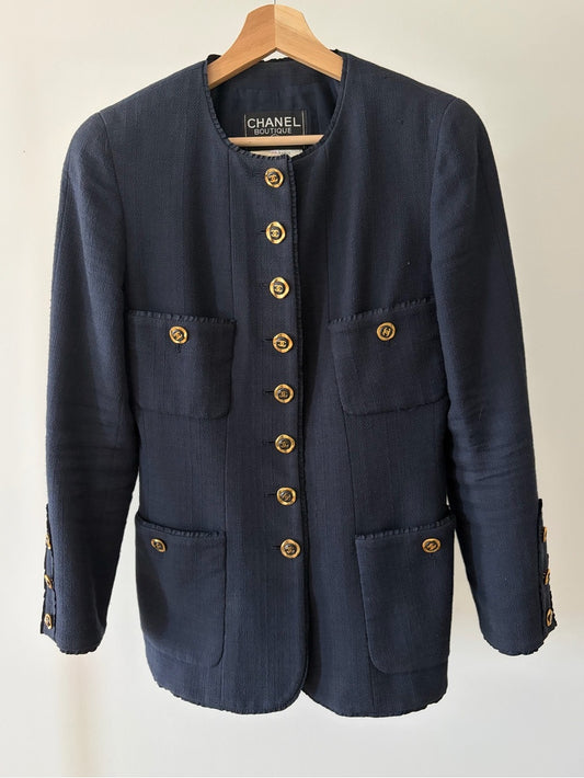 Chanel Vintage 1994 Collection Navy Gold Button Down Tweed Blazer Size 38