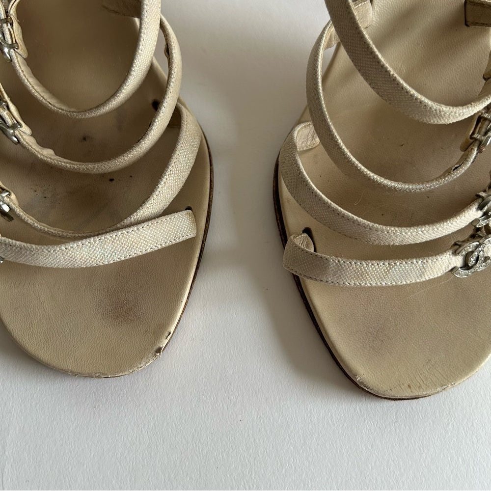 Rare Chanel Iconic "CC" Rhinestone Metallic Leather Sandal Heels size 40