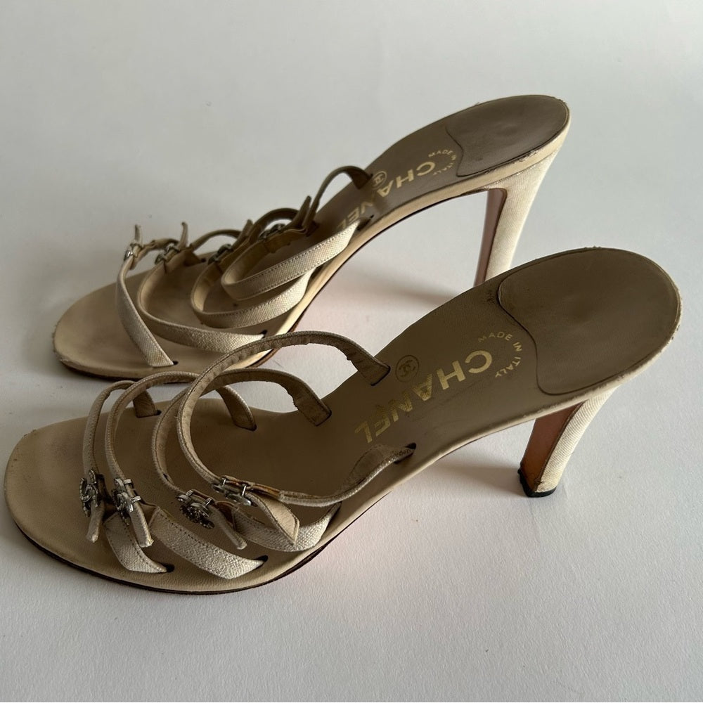 Rare Chanel Iconic "CC" Rhinestone Metallic Leather Sandal Heels size 40
