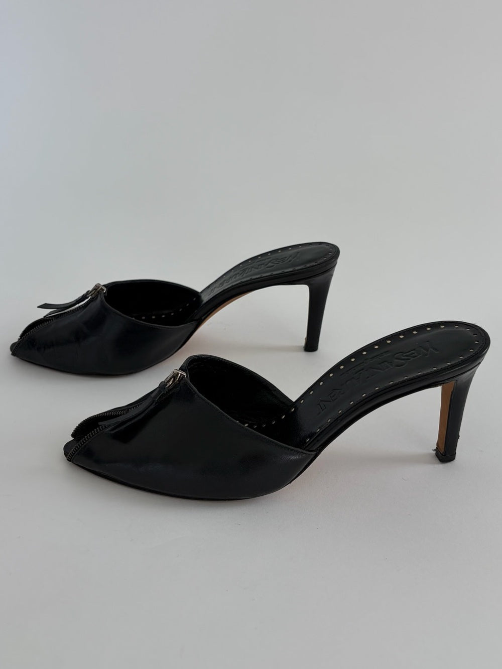Vintage Yves Saint Laurent Black Leather Zip-Front Mule Heels