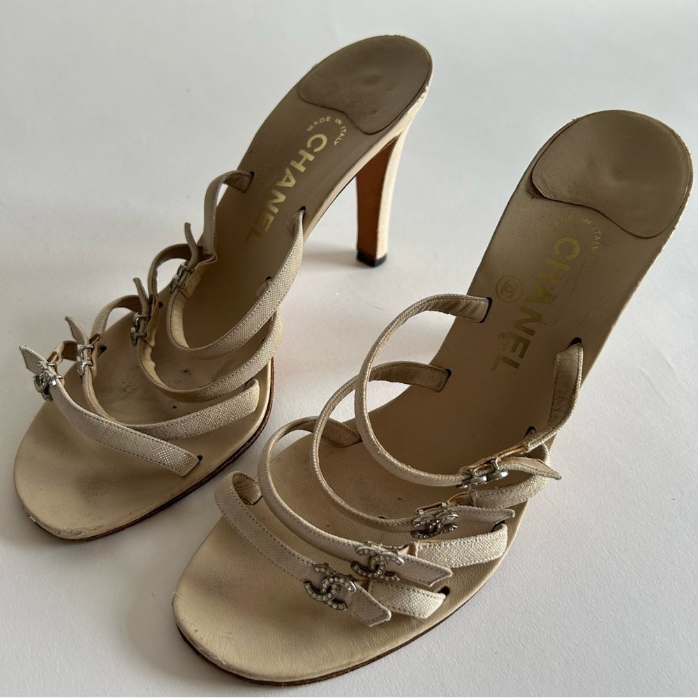 Rare Chanel Iconic "CC" Rhinestone Metallic Leather Sandal Heels size 40