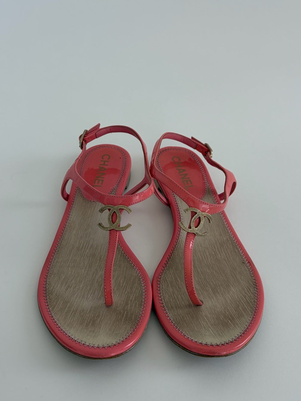 Chanel Interlocking CC Logo Patent Leather T-Strap Sandals Pink