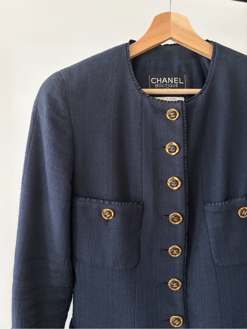 Chanel Vintage 1994 Collection Navy Gold Button Down Tweed Blazer Size 38