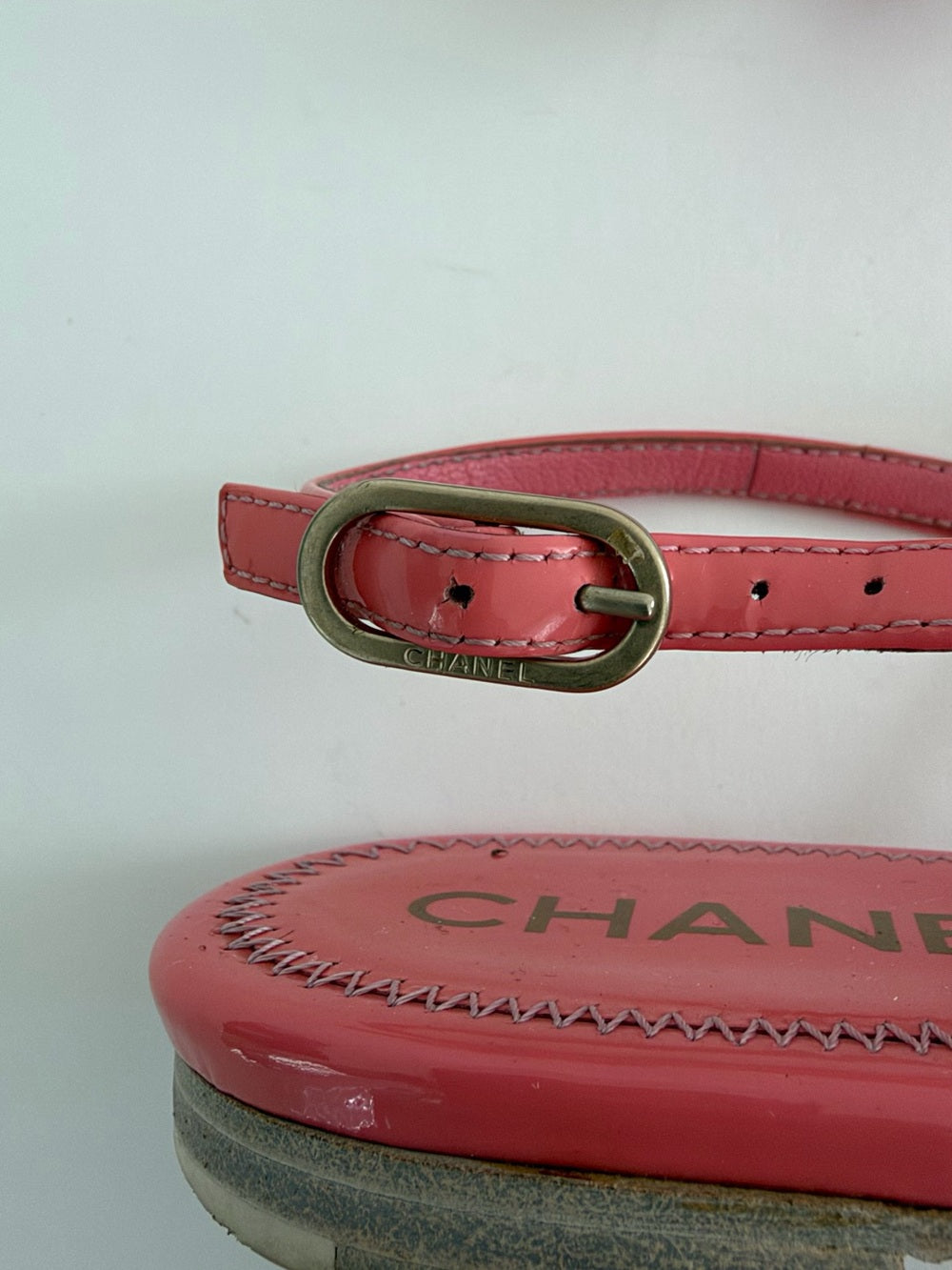 Chanel Interlocking CC Logo Patent Leather T-Strap Sandals Pink