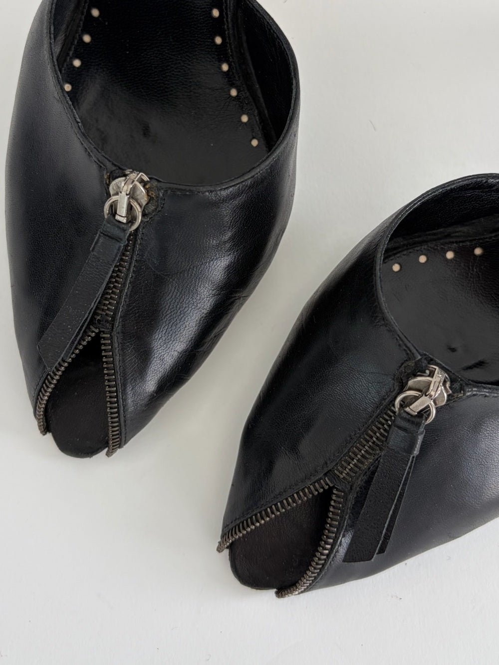 Vintage Yves Saint Laurent Black Leather Zip-Front Mule Heels
