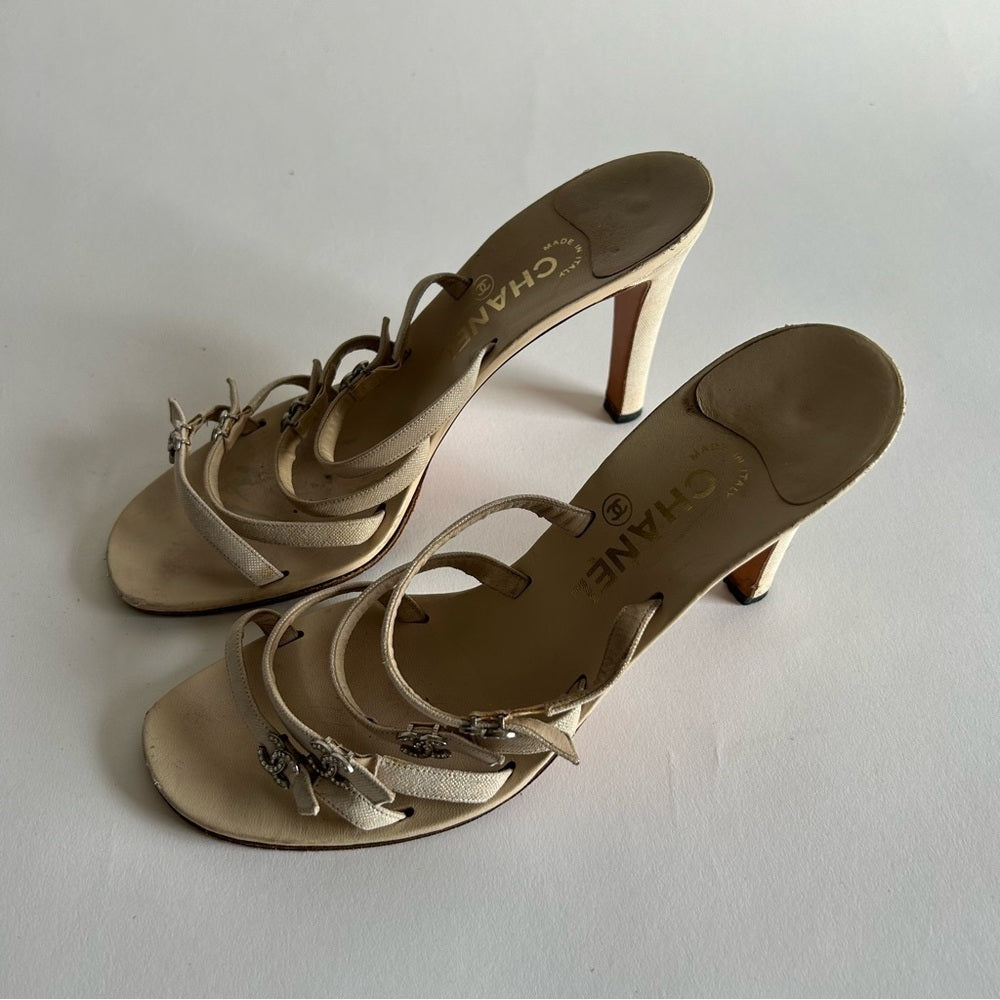 Rare Chanel Iconic "CC" Rhinestone Metallic Leather Sandal Heels size 40