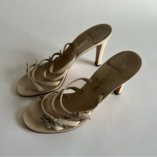 Rare Chanel Iconic "CC" Rhinestone Metallic Leather Sandal Heels size 40