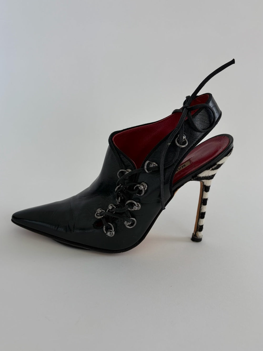Rare Vintage Manolo Blahnik Zebra heel Eyelet Black Leather Boots
