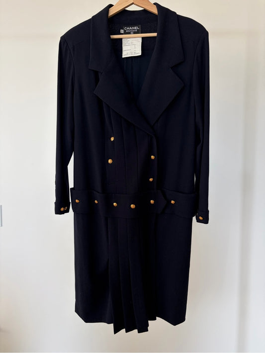 Chanel Vintage 80's Navy Maxi Pleated Dress Size 42