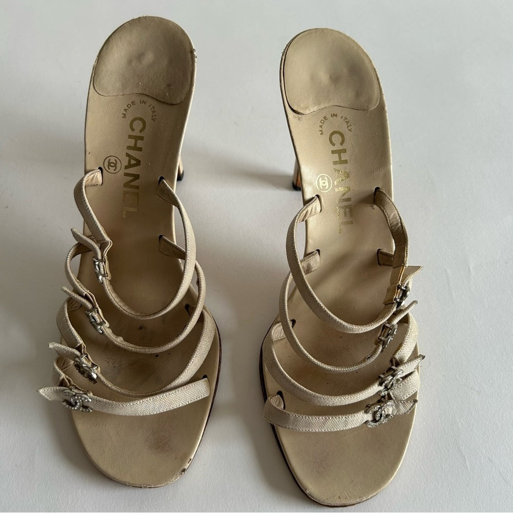 Rare Chanel Iconic "CC" Rhinestone Metallic Leather Sandal Heels size 40