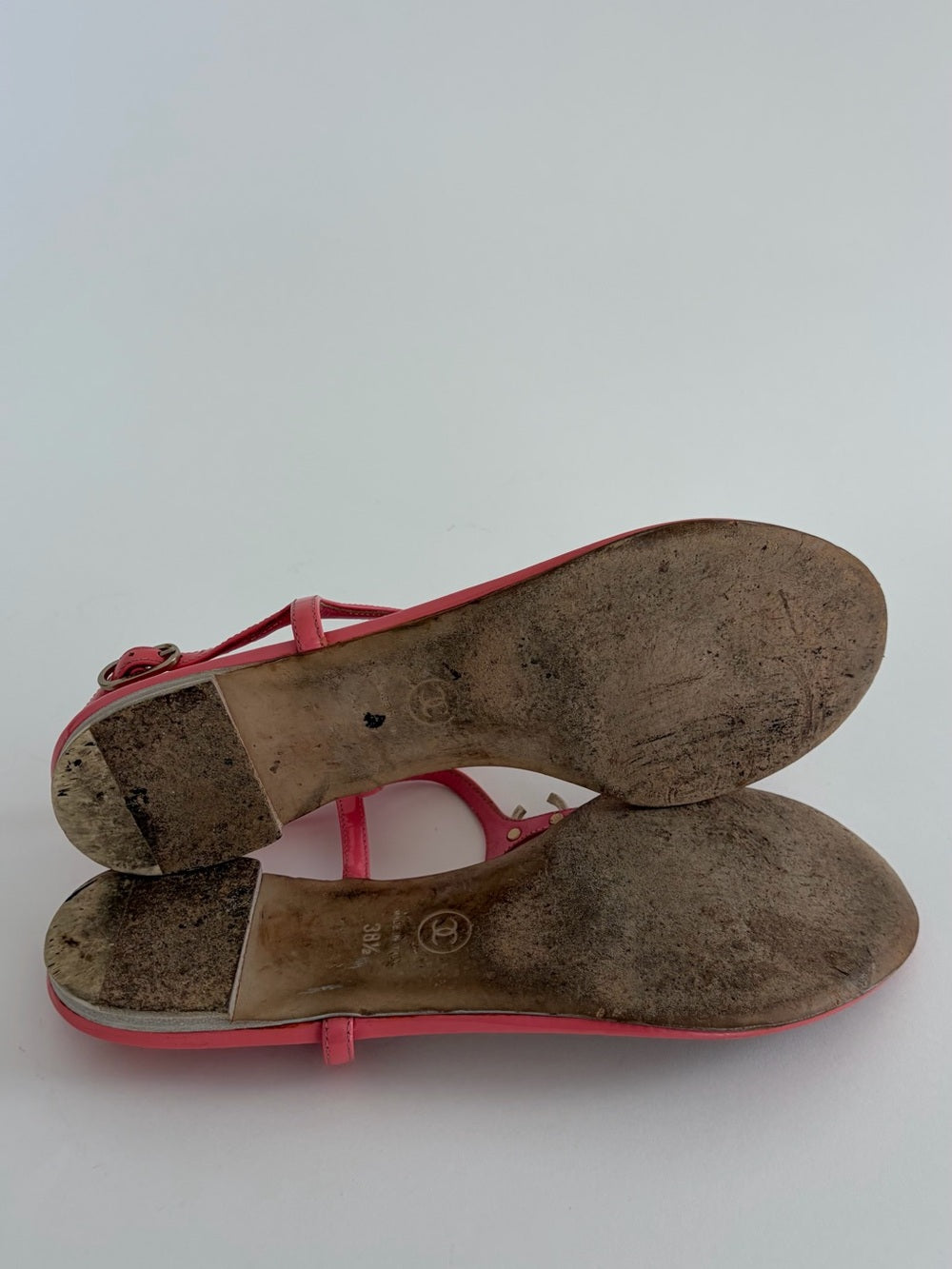 Chanel Interlocking CC Logo Patent Leather T-Strap Sandals Pink