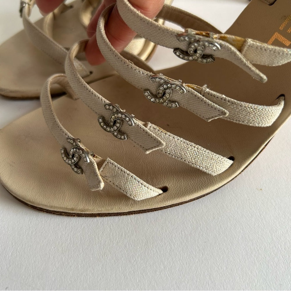 Rare Chanel Iconic "CC" Rhinestone Metallic Leather Sandal Heels size 40
