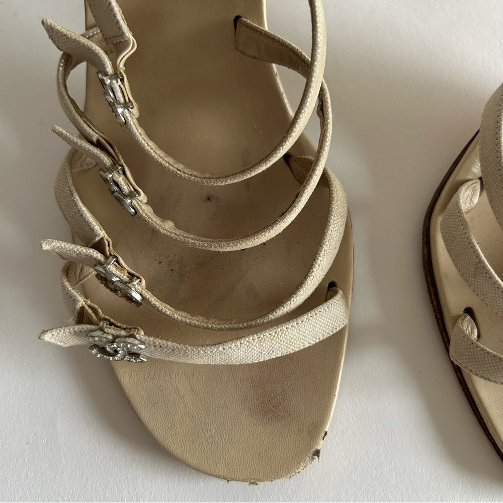 Rare Chanel Iconic "CC" Rhinestone Metallic Leather Sandal Heels size 40