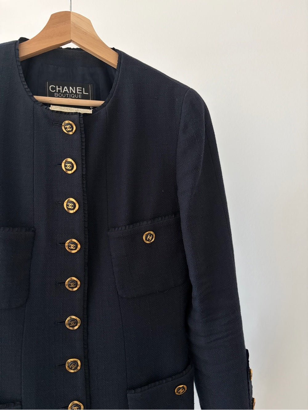Chanel Vintage 1994 Collection Navy Gold Button Down Tweed Blazer Size 38