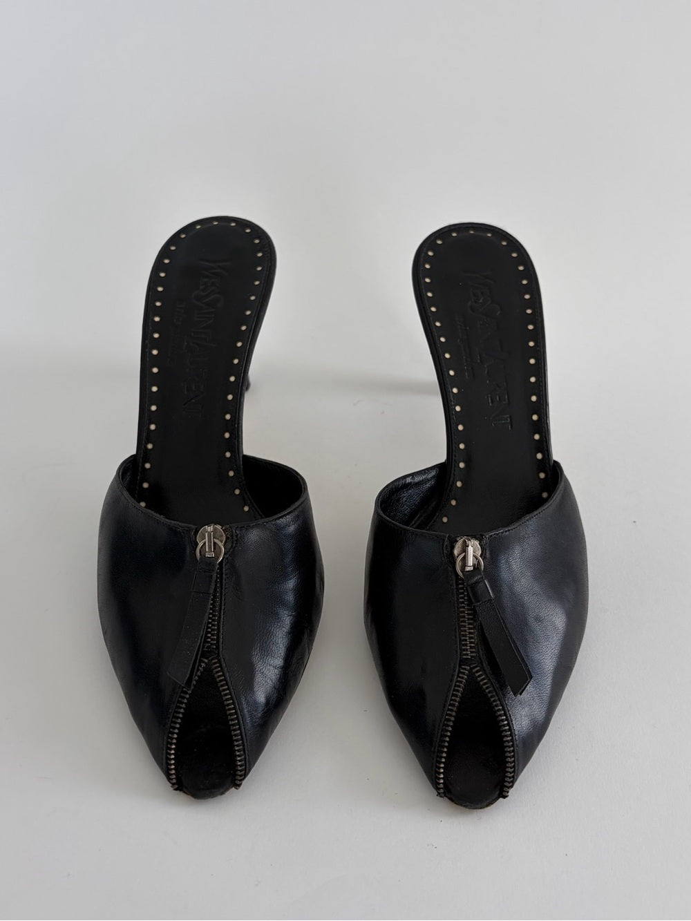 Vintage Yves Saint Laurent Black Leather Zip-Front Mule Heels